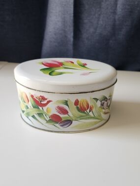 Vintage Louise Carling Floral Tulip Oval Tin Container - Made in England